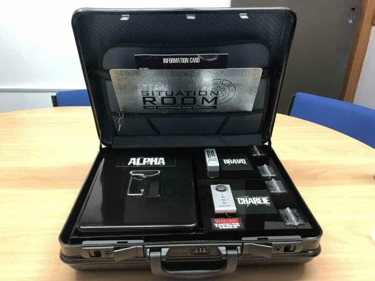 situation room brief case opened with an information card, controls and alpha, bravo, charlie signs.