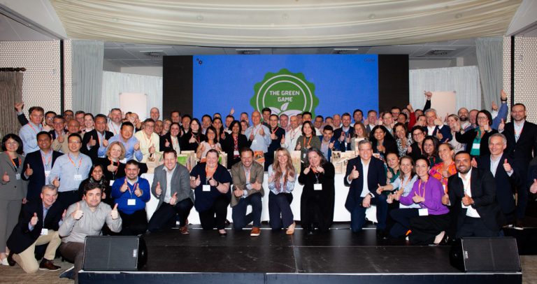Employees from Zoetis together after completing their sustainability themed team building activity with Orangeworks.